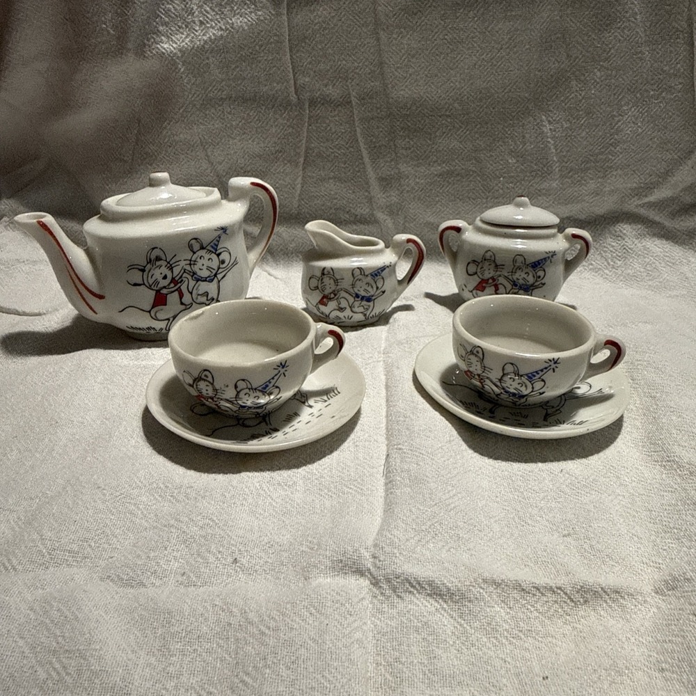 Child's Tea set Dancing Mice Motif (vintage) Teapot,creamer,sugar,2cups&saucers
